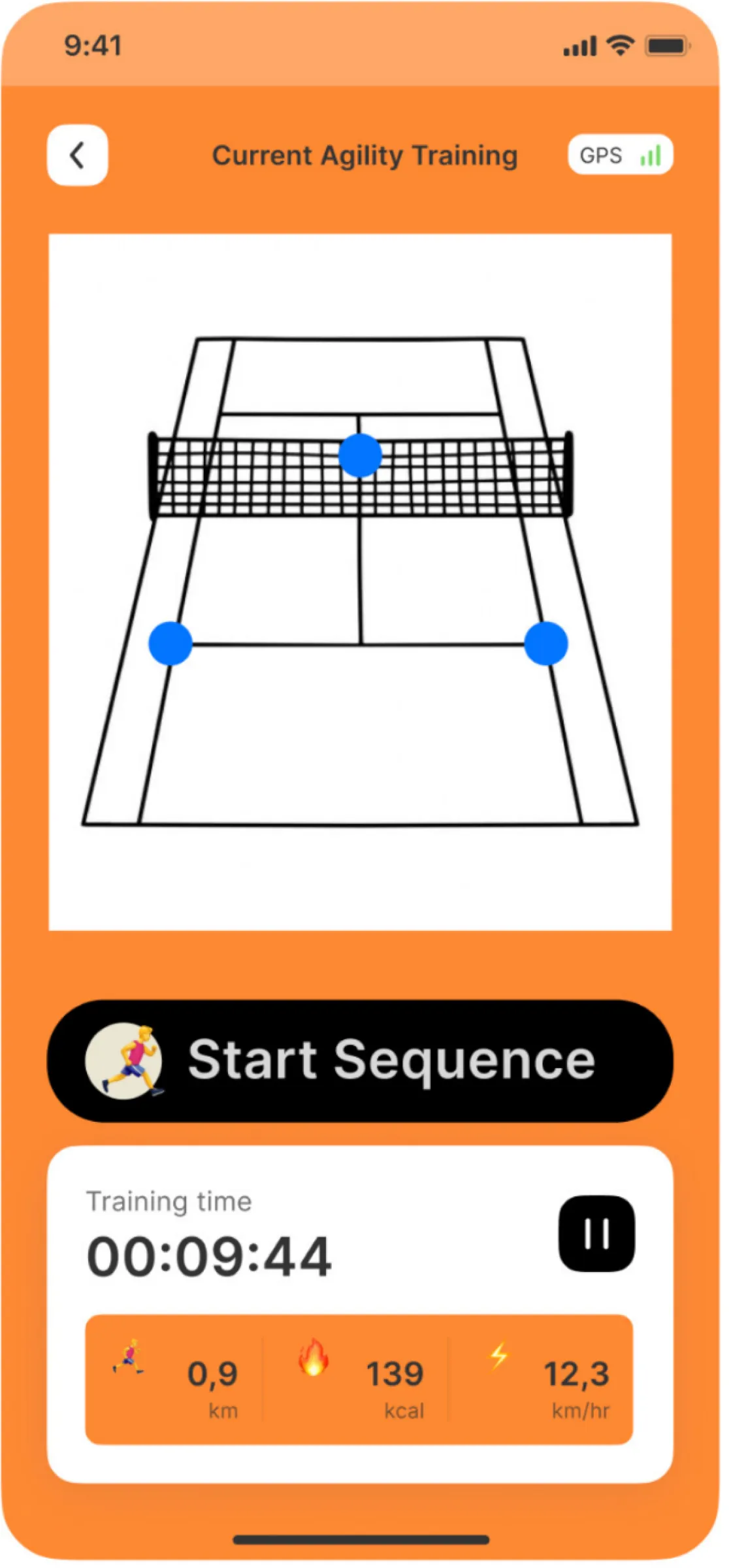 The app concept, in orange: Current Agility Training, a court drawing with three blue tile dots, a Start Sequence button, and a training time of 00:09:44.