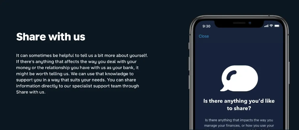 A competitor’s “Share with us” screen, inviting customers to tell the bank about anything that affects how they manage money.