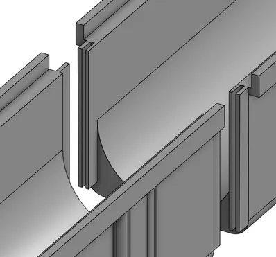 Grey render of two drain channel sections with their interlocking joint ends.