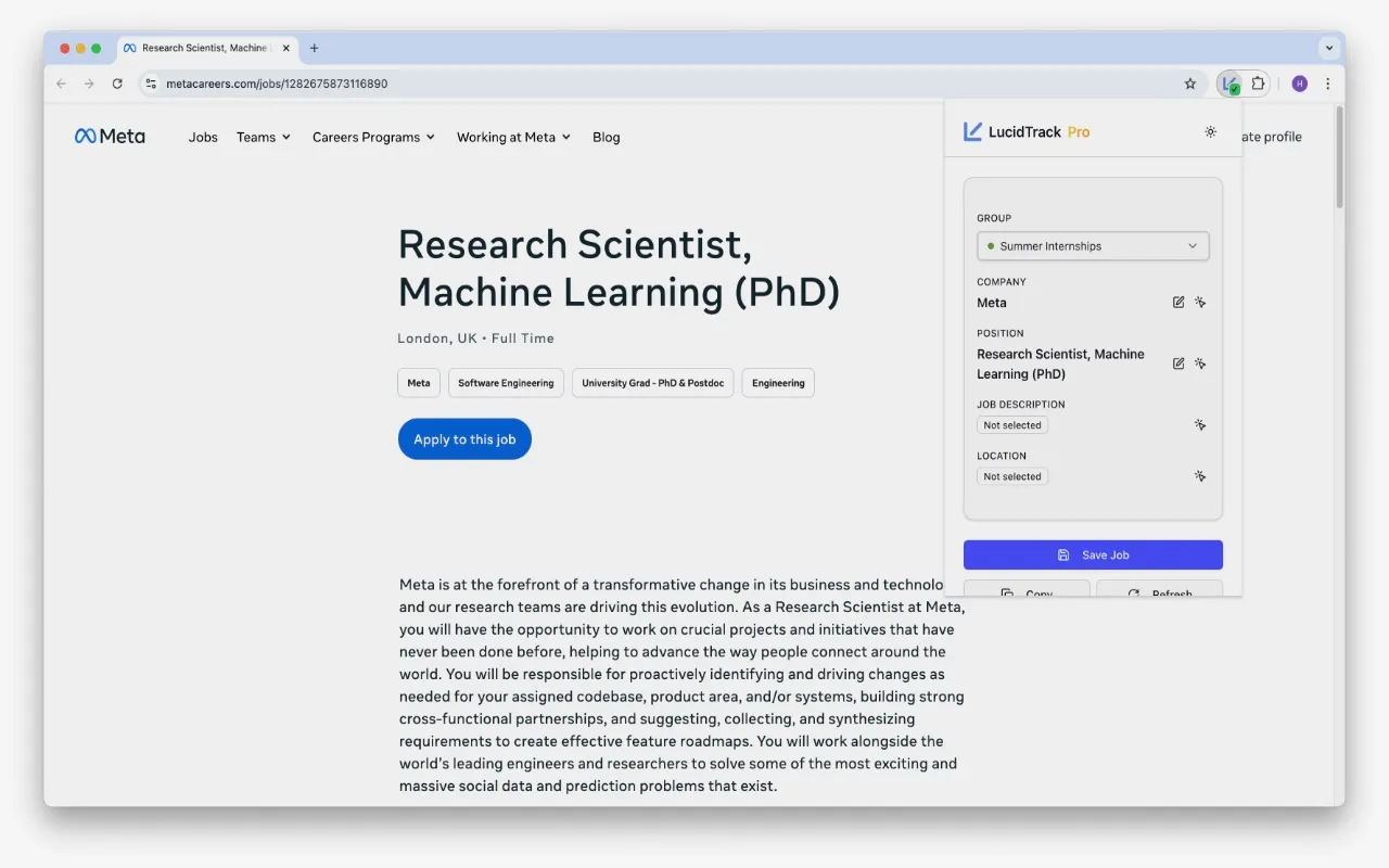 The LucidTrack Chrome extension open on a careers page, with the company and position filled in.