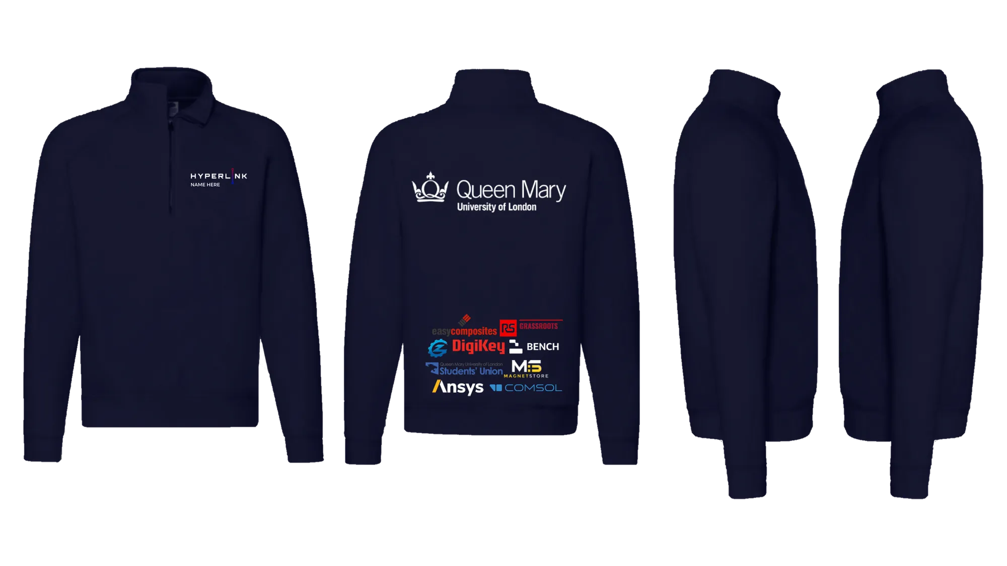 A navy quarter-zip shown four ways: front, back, and both sides. The front has the HYPERLINK logo on the chest with NAME HERE beneath; the back has the Queen Mary University of London logo above a block of sponsor logos.
