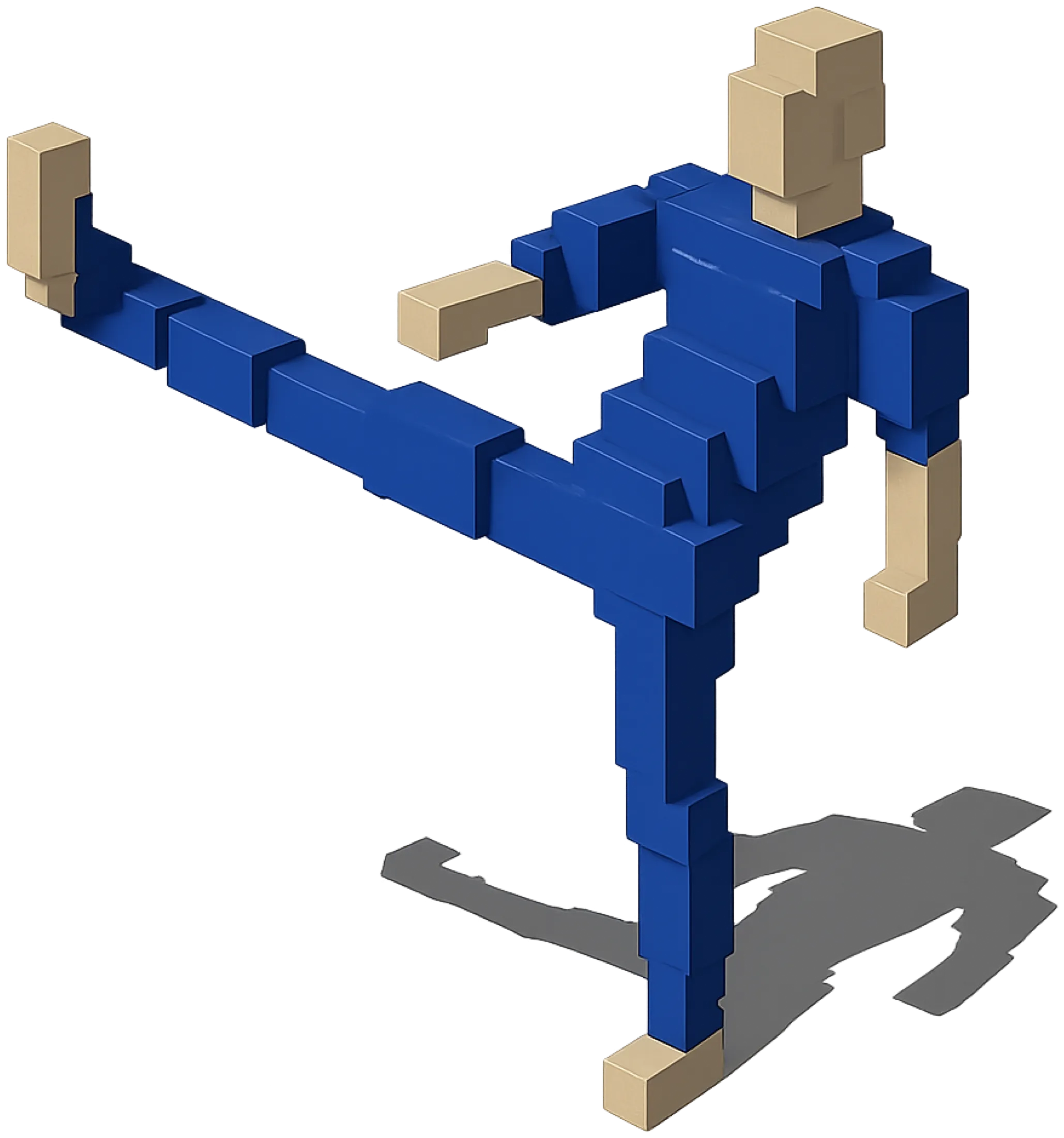 Render of a blue block figure balanced on one leg, the other leg kicked high.