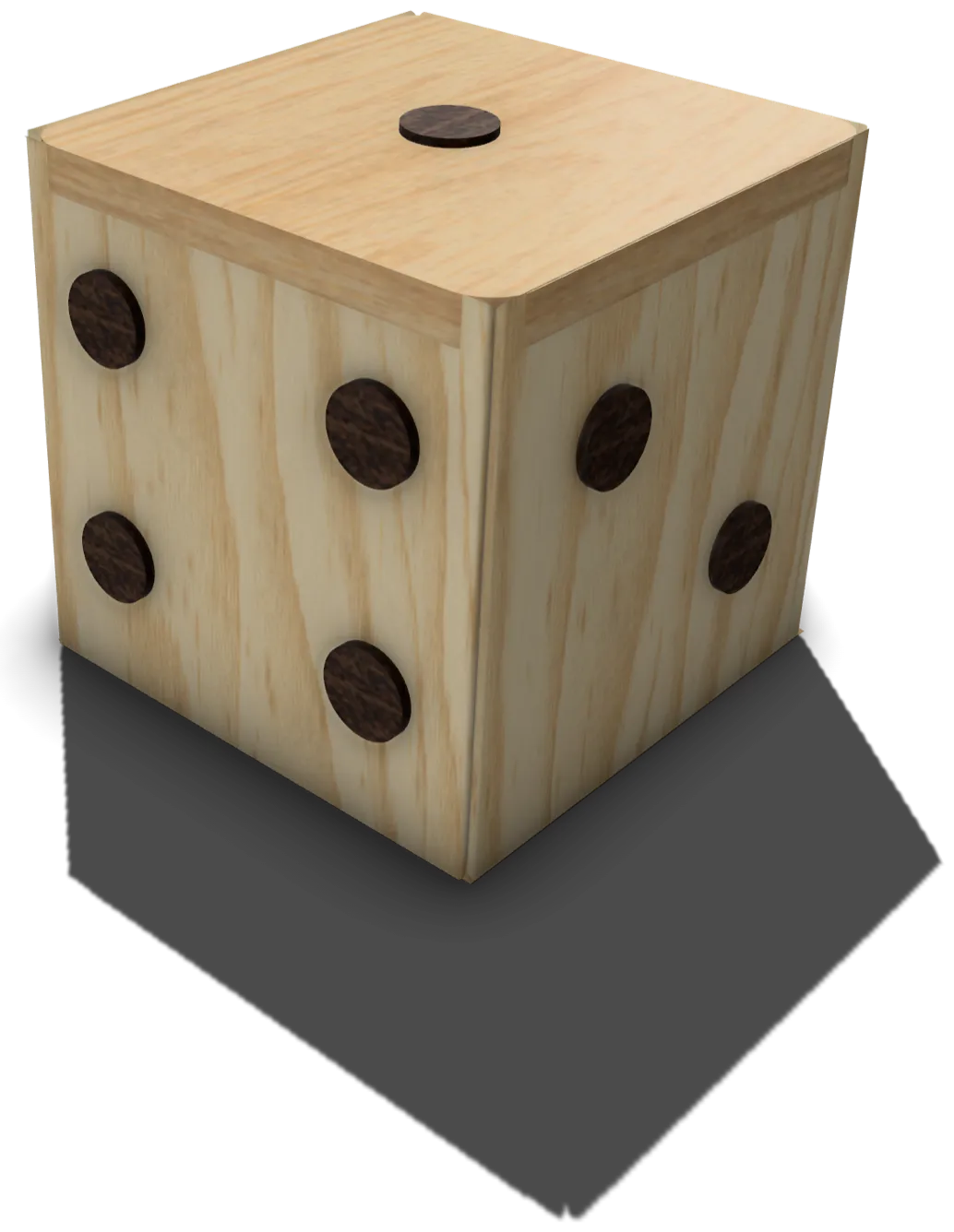 Render of the closed die: pale wood with dark pips, the lid sitting flush.