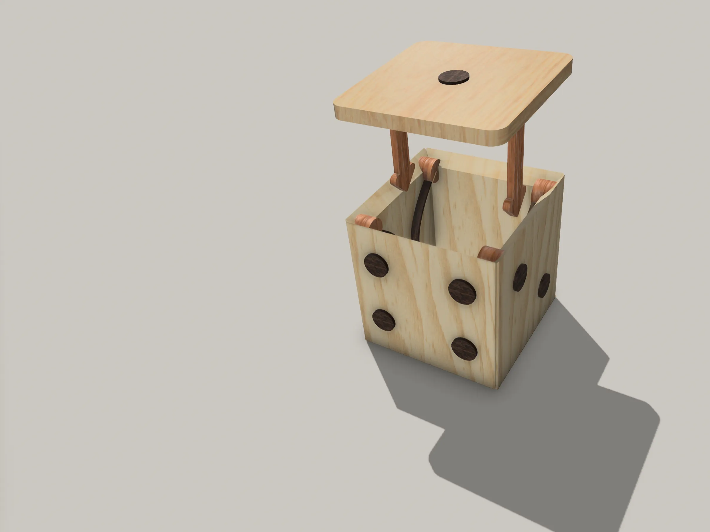 Render of the wooden die with its lid lifted on two dowels, casting a long shadow on a grey ground.