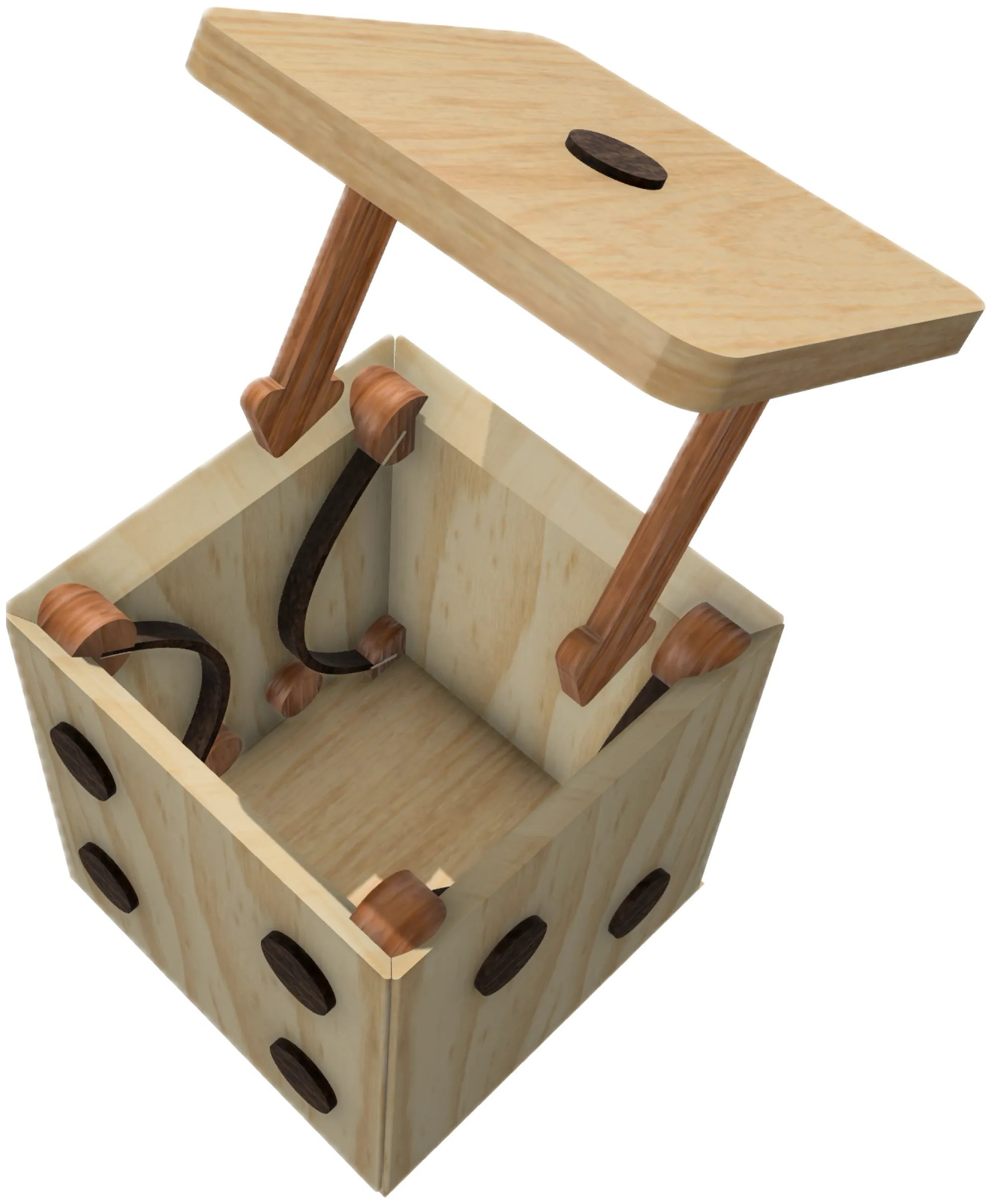 Render of the die with its lid lifted: two dowels with arrow-shaped tips hang under the lid, and curved spring arms wait inside the box.