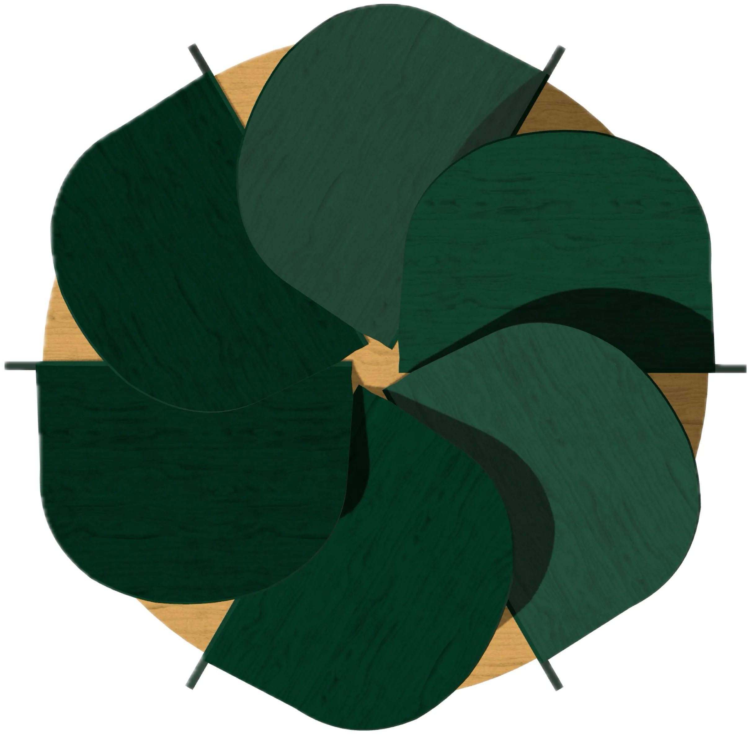 Render of the seat from above: six dark green petals overlapping in a spiral over a round wooden top.