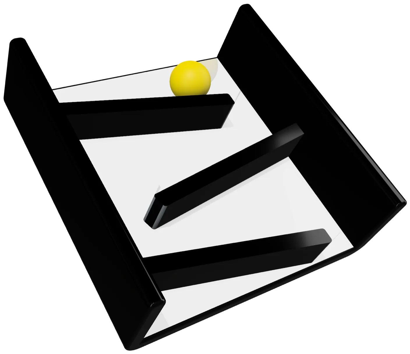 Render of a black ramp frame with three angled deflectors and a yellow ball at the top.