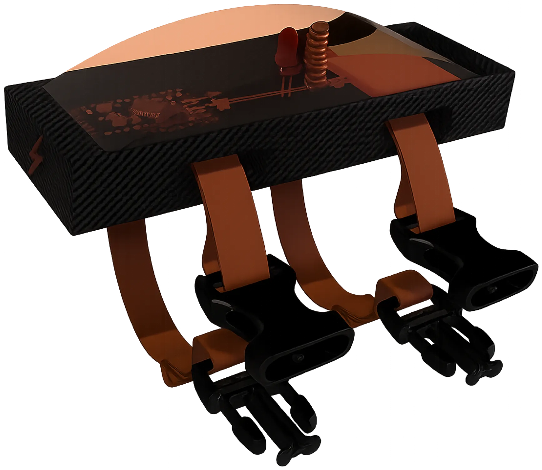 Render of a Touch Tile: a carbon-black housing under a clear domed cover, the electronics visible inside, with orange straps and black clips hanging below.