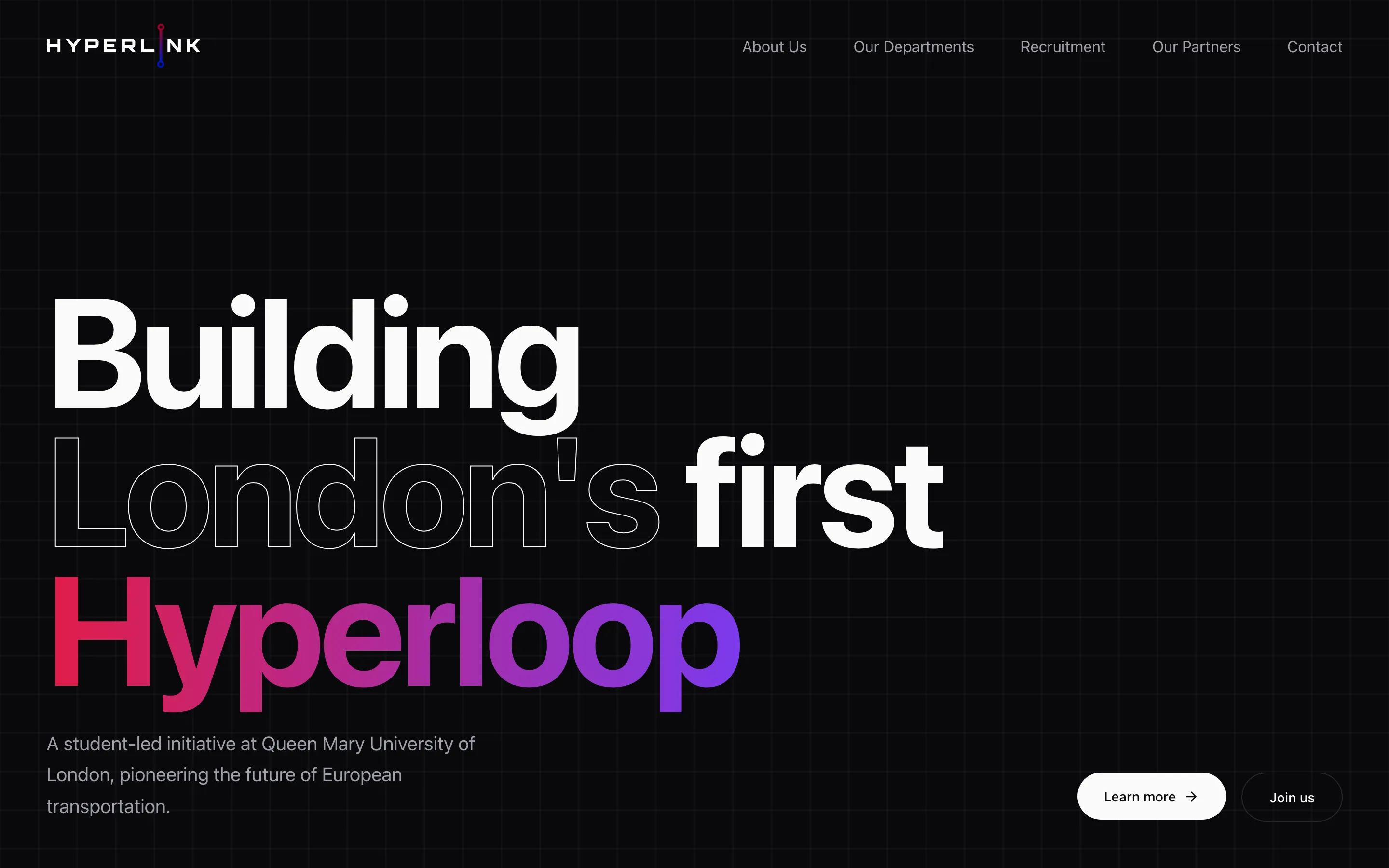 The Hyperlink London homepage: “Building London’s first Hyperloop” in large type on black, with Hyperloop in a red-to-purple gradient.
