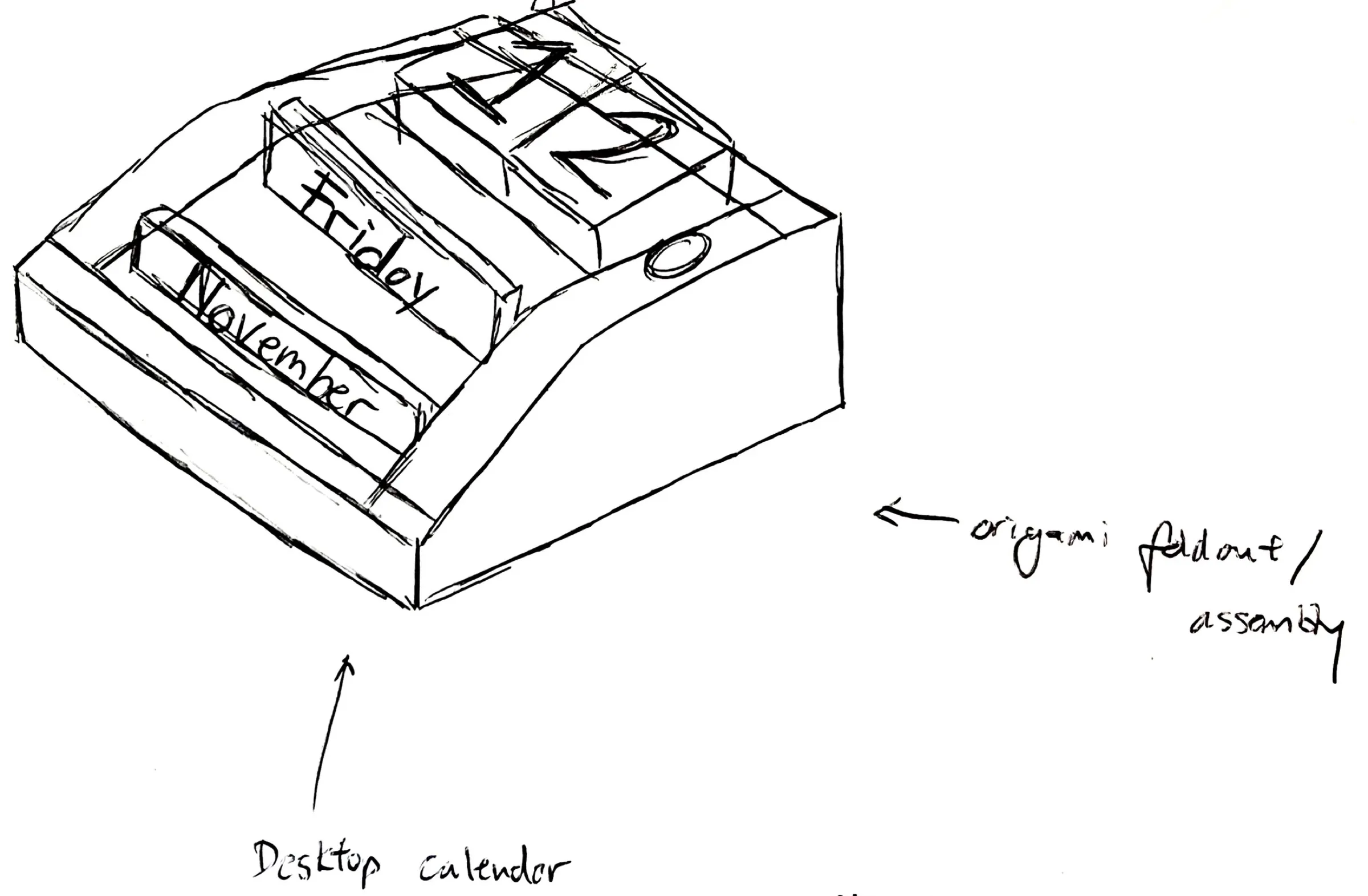 Pencil sketch of a desktop calendar showing Friday 12 November, folded from one sheet.