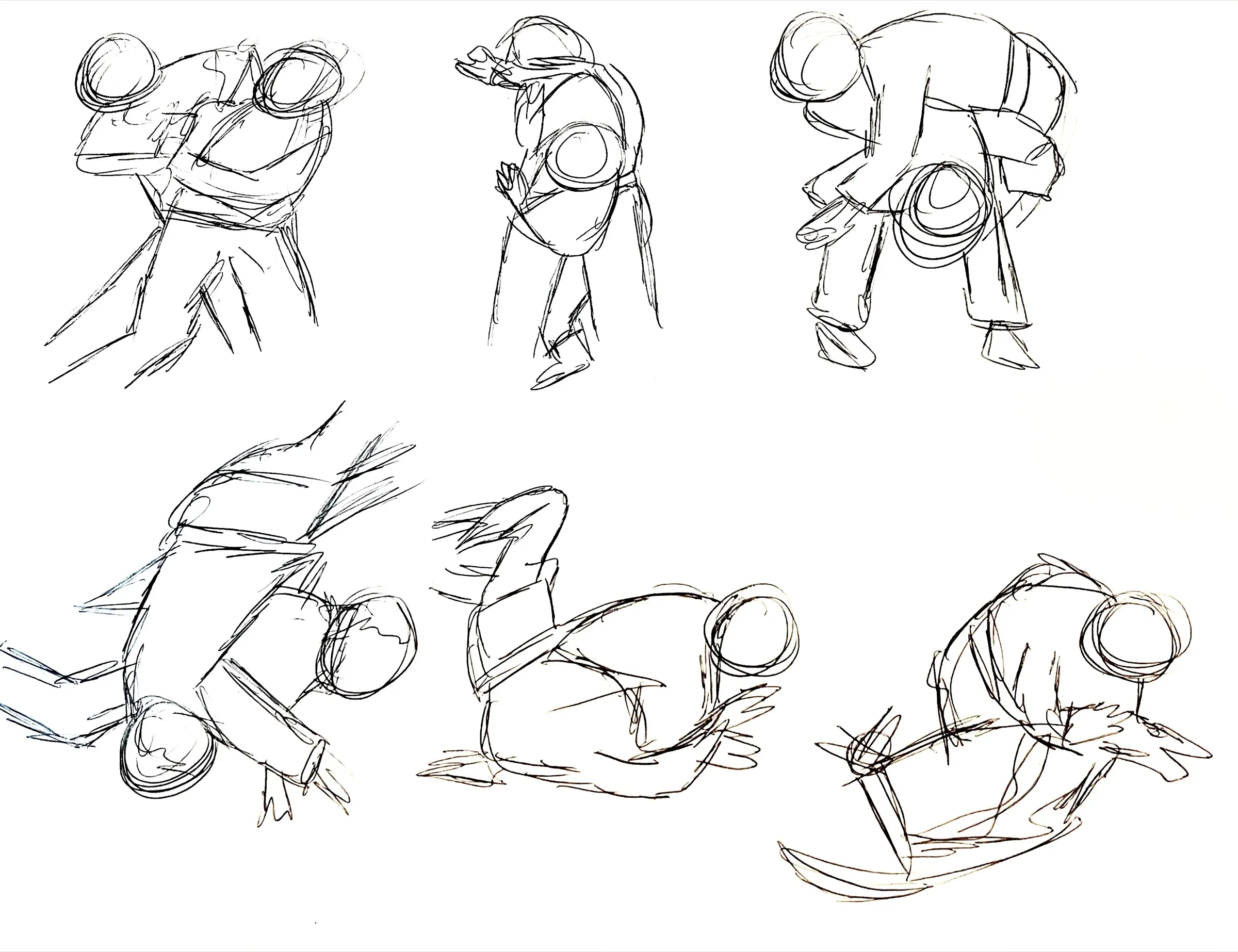A page of pencil sketches of two people grappling: one lifting and turning the other, the other falling and rolling.
