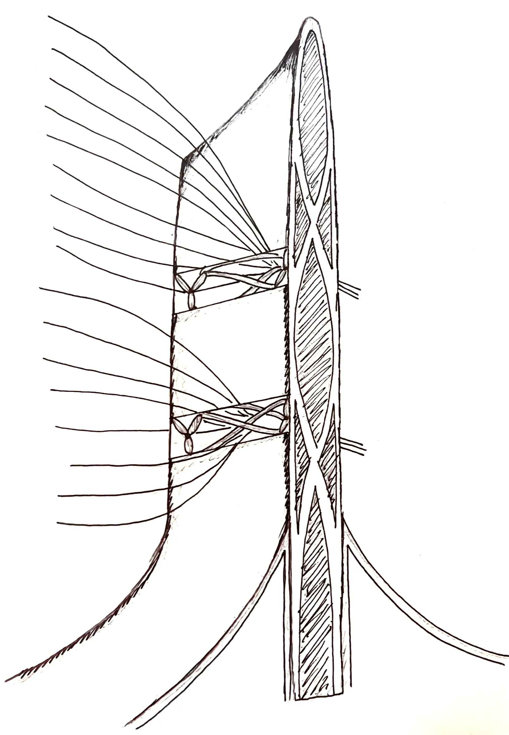 Ink sketch of a tall tapering mast with a fin swept back from it, airflow lines streaming past and small rotors set between them.