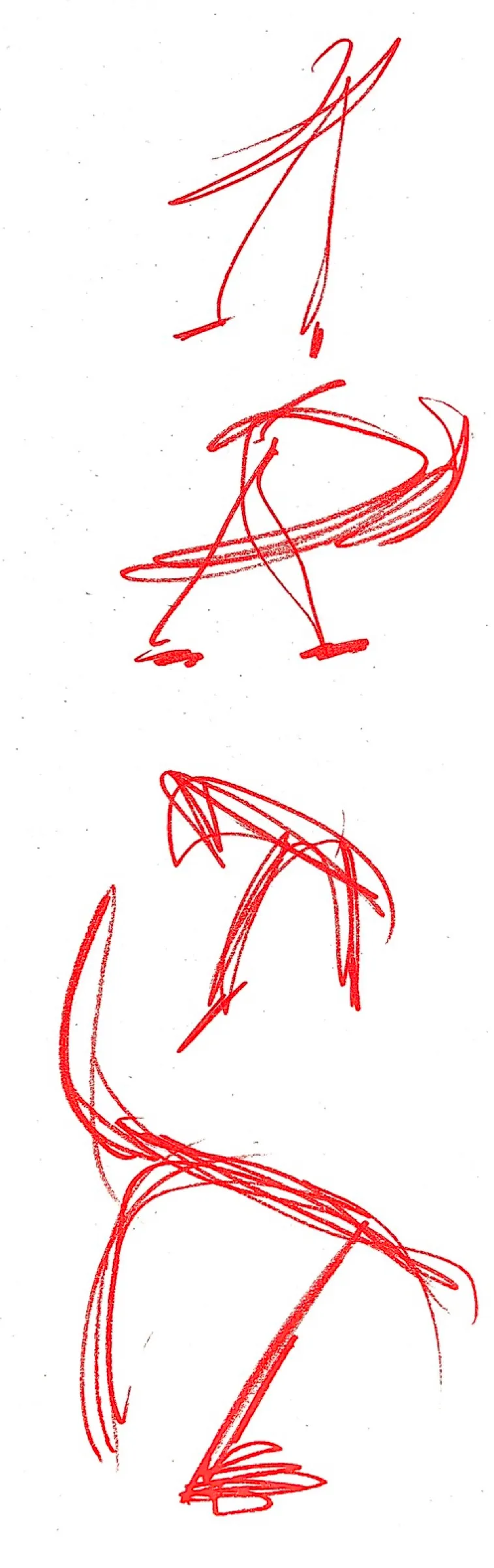 Red pencil gesture sketches stacked down a page: a figure standing, then turning, then thrown over.