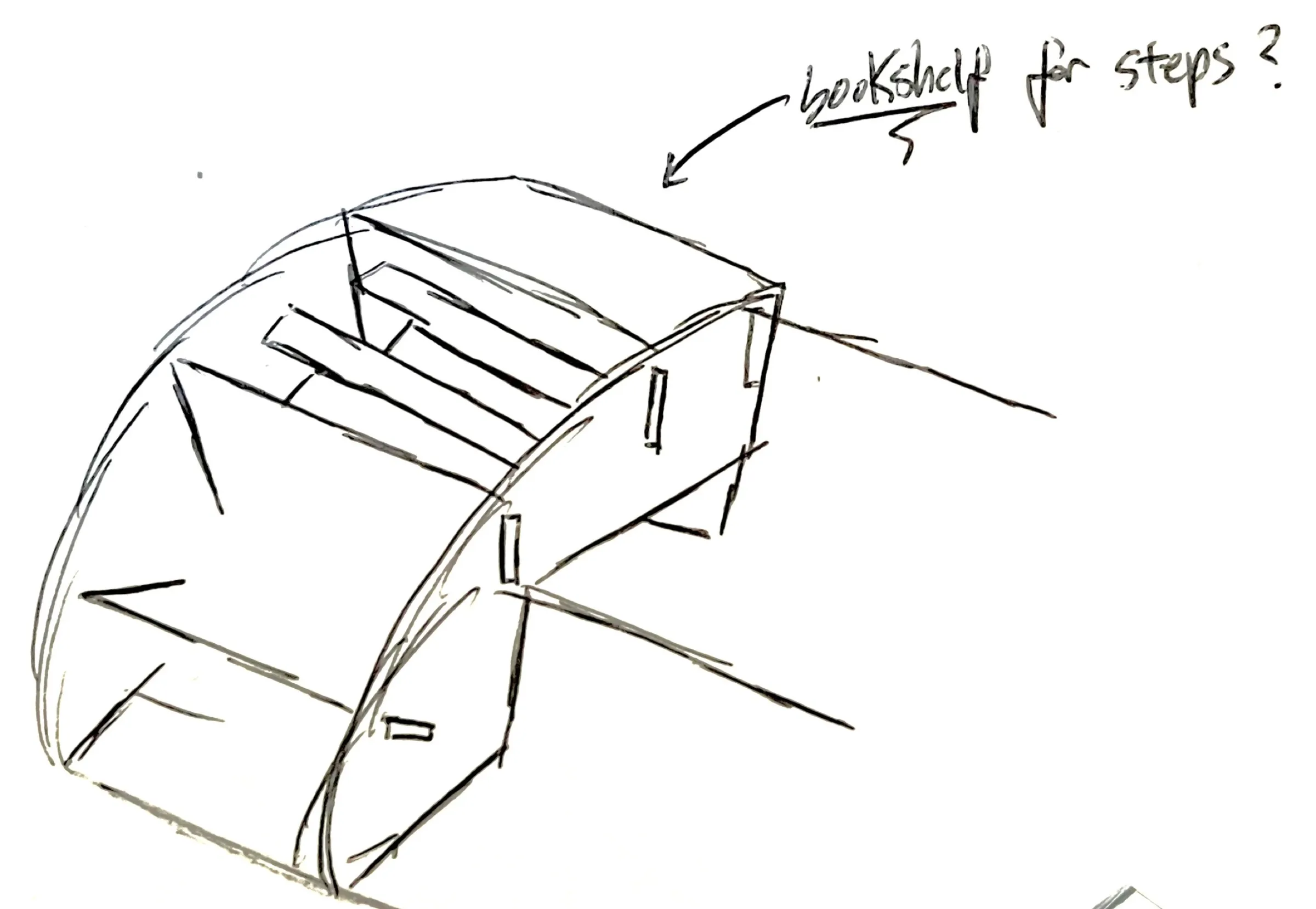 Pencil sketch of a curved, slotted bookshelf that could double as steps.
