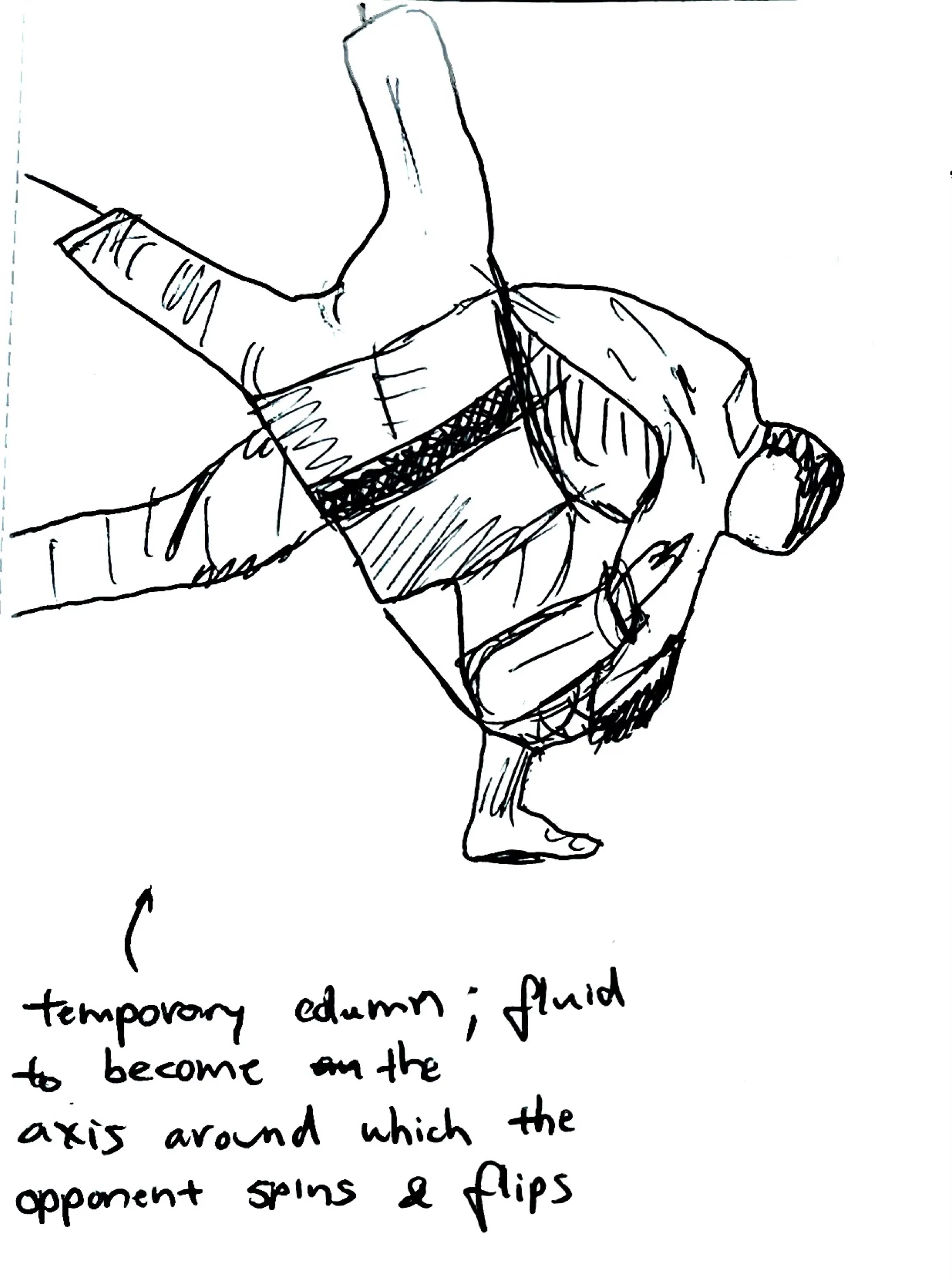 Ink drawing of a throw: one body upside down over another, with the note “temporary column; fluid to become the axis around which the opponent spins & flips”.
