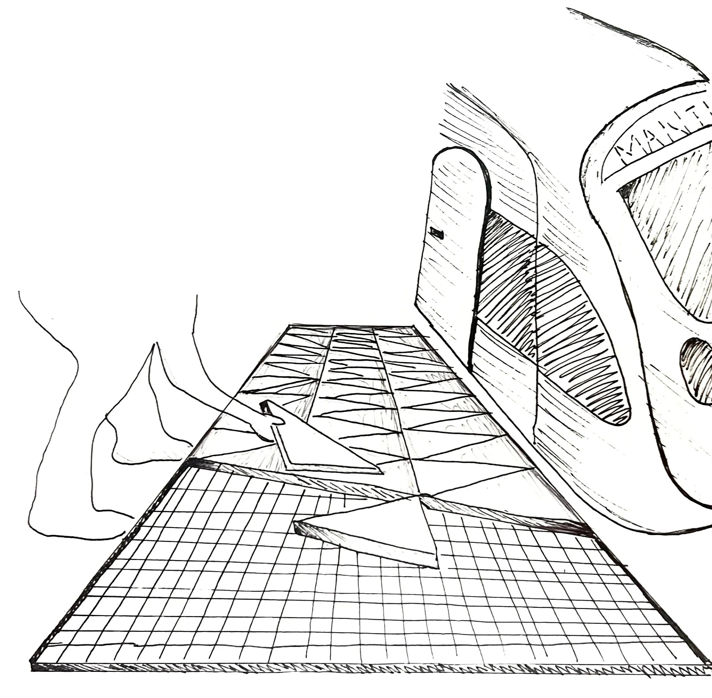 Ink sketch of a station platform beside a train: a tiled floor of triangles pressing down under footsteps, outlines of feet stepping onto it.