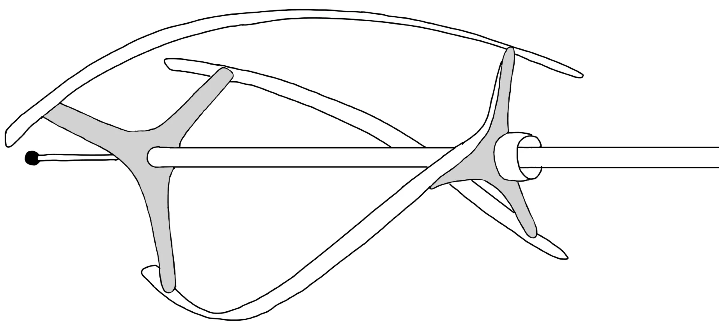 Line drawing of a wind turbine on its side: curved blades held by three-armed hubs on a long shaft.