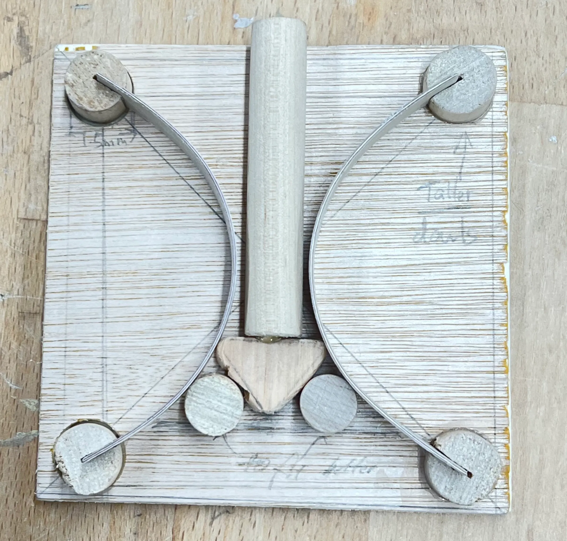 A further test piece: the tip is rounded, with a small dowel stopper on either side of it.