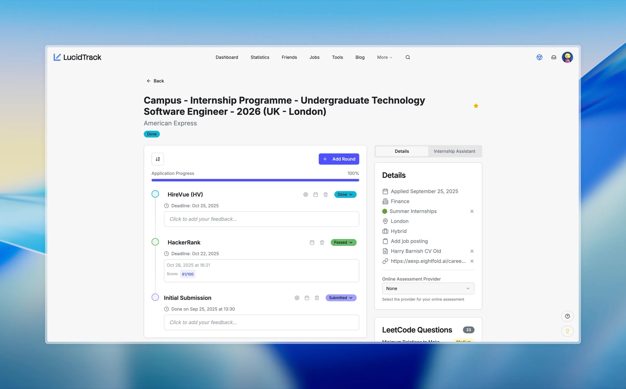An application in LucidTrack: its rounds listed with deadlines and statuses, beside the role’s details.